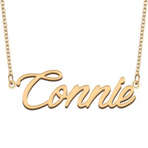 Collier nom Connie pendentif plaque signalétique personnalisé pour femmes filles cadeau d'anniversaire enfants meilleurs amis bijoux en acier inoxydable plaqué or 18 carats