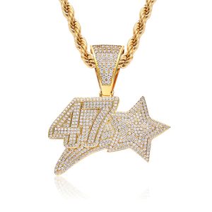 Numéro 47 étoile pendentif collier Hip Hop bijoux hommes couleur or zircon cubique avec chaîne de corde pour la mode
