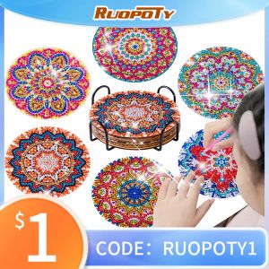 Nummer 6 stks Diamond schilderij Coasters met houder Diy Mandala Coasters Diamond Painting Kits voor beginners Kids Kerst verjaardagscadeau