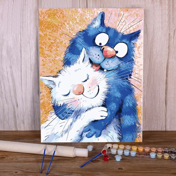 Número de dibujos animados de gato blanco y azul, juego de pintura por números, pinturas acrílicas, pintura sobre lienzo, decoración del hogar para manualidades, 40x50