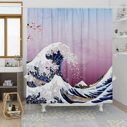 Numéro Cartoon Ocean Wave Shower Curtain rose Cherry Blossom Flower Ocean thème Anime Peinture Art Salle de bain Écran étanche avec crochet