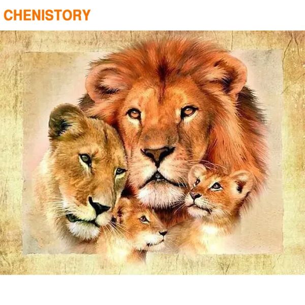Numéro CHENISTORY Lions Famille 60x75cm Cadre Peinture À La Main Par Numéros Moderne Mur Art Photo Coloriage Par Numéro Animaux Pour La Décoration Intérieure