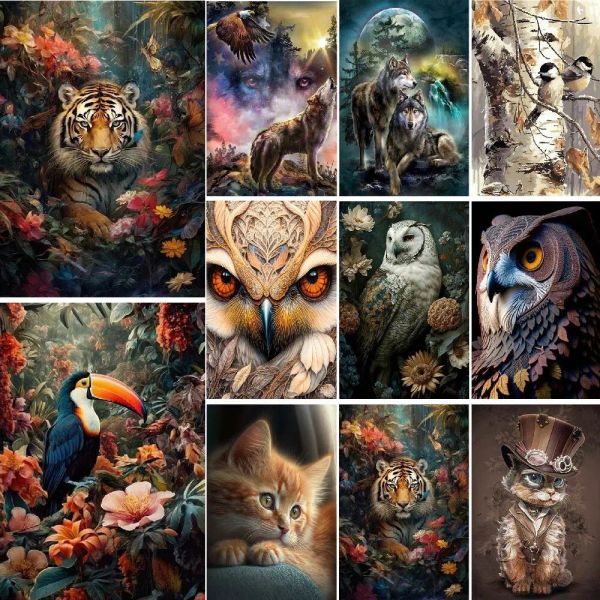 Número para colorear por lienzo con números, pintura acrílica artesanal, imagen, arte de pared para sala de estar, decoración del hogar, pintura de loro, gato, búho, Tigre, Lobo