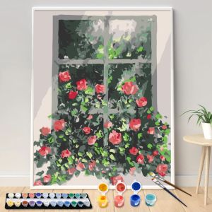 Pintura al óleo de paisaje de rosas dibujada a mano con números, Kit de ilustraciones de lienzo acrílico DIY, regalo de arte de paisaje marino, hogar, envío directo