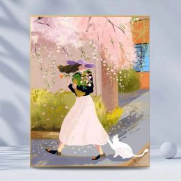 Numéro rempli à la main couleur printemps jour fille chat peinture à l'huile couleur tulipe cerise cure simple suspendus peinture à l'huile numérique