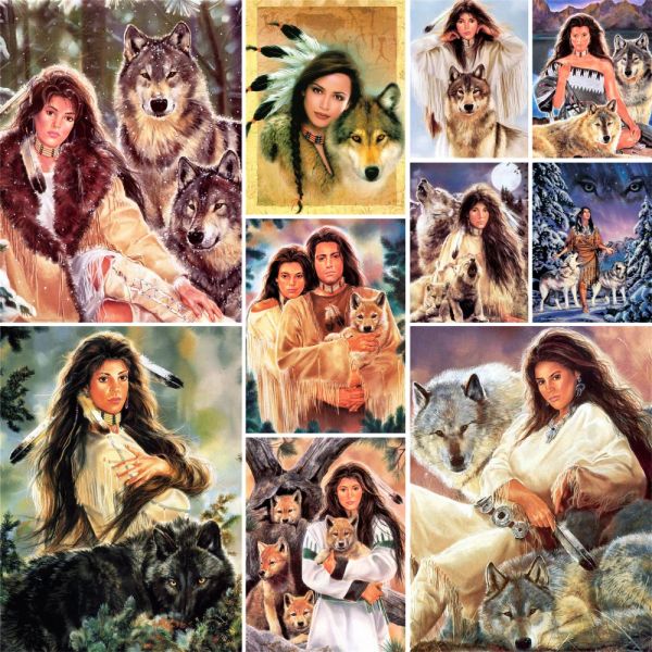 Numéro Indian Femme Wolf Coloriage par numéros Peinture Set Paints d'huile 50 * 70 planches par numéros peintures murales Artisanat pour adultes Art mural