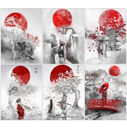 Numéro japonais Samurai Huile Painting by Numbers Kits Cherry Blossoms Pictures Paint By Numbers on Toile for Adults Home Decor