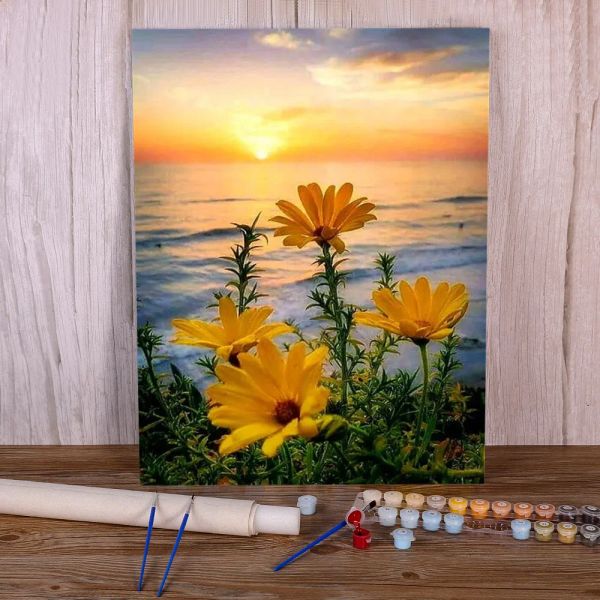 Numéro lac lever du soleil fleur bateau peinture par numéros Kit complet peintures à l'huile 50*70 Image par numéros Photo peintures artisanat