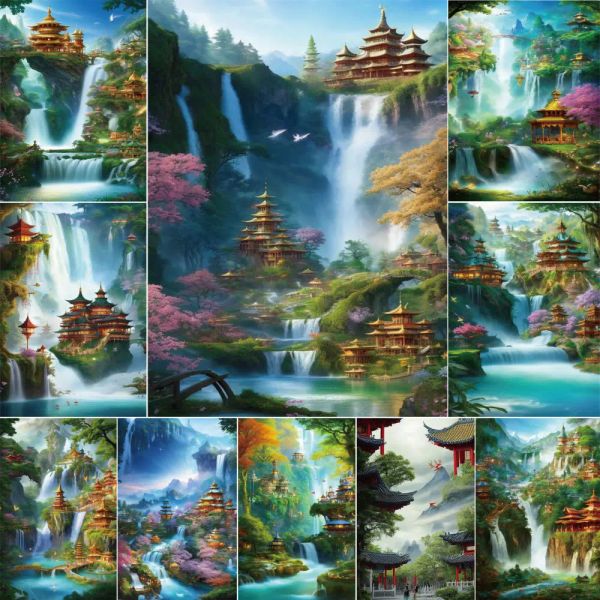 Numéro Paysage chinois Jardin DIY PEINTURE DE NUMÉROS PEINTURES ACRYLIQUES 40 * 50 planches par numéros.