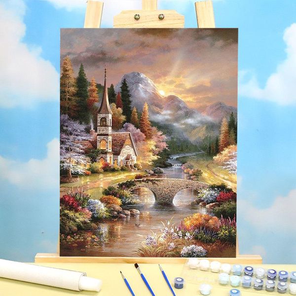 Numéro de paysage de paysage coloriage par numéros peintures peintures à l'huile 50 * 70 toile peinture décor pour les enfants pour le travail