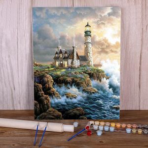 Numéro de paysage phare peinture par nombres kit peintures acryliques 50 * 70 peinture à l'huile décor pour en gros