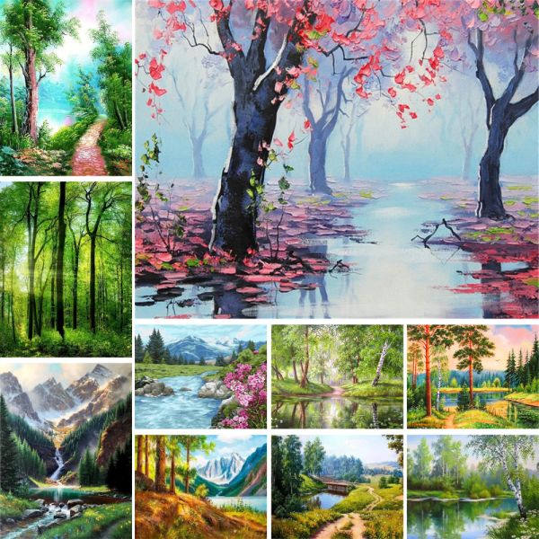 Numéro Peinture à l'huile Bumbres Forest River Canvas Picture avec numéro adultes Artisanat Art mural pour le salon décoration intérieure de peinture acrylique