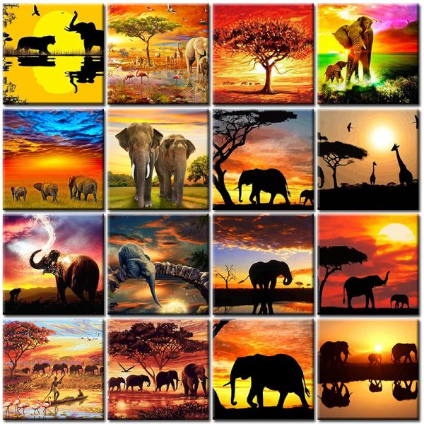 Numéro Peinture par numéro Kit adulte avec cadre Elephant Adult Landscape DIY DIY PEINTURE DE COULEUR À MAIN PEINTURATION D'HUIL