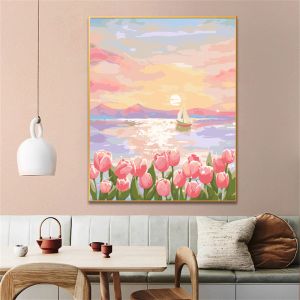 Numéro peinture par nombre pour adultes adultes redtulips sur la magnifique peinture d'huile d'huile de toile de surface de surface du coucher de mer rose par numéro de décoration intérieure