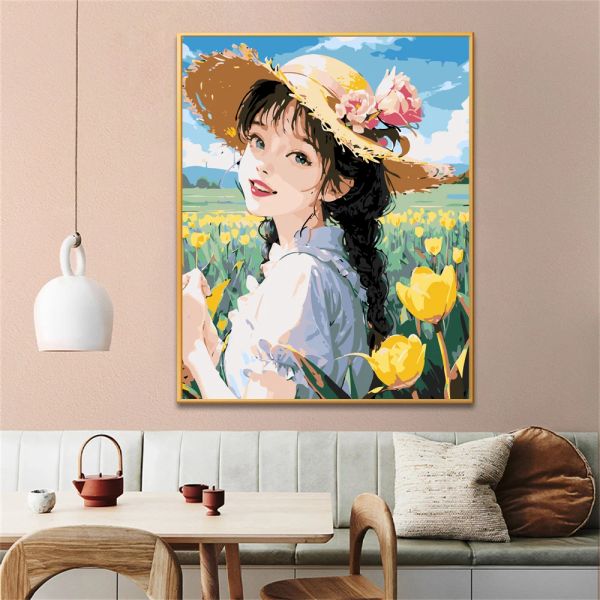 Pintura de números por números para adultos, la niña que lleva un sombrero de paja está en el campo de tulipanes, lienzo, pintura al óleo por número, decoración del hogar