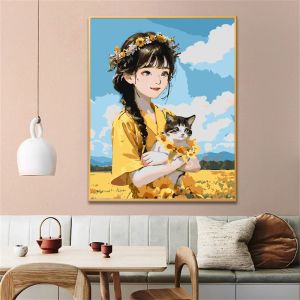 Peinture par numéros pour adultes, bleu, la fille et son chat dans le champ de tournesol, livraison directe, peinture à l'huile sur toile par numéros, décoration de maison