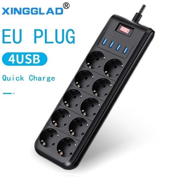 Número Power Strip Eu Plug 10 salidas 4 Puerto USB Cable eléctrico de cable de 2.0 m con sobrecarga de sobrecarga Cable de extensión de la extensión Oficina en el hogar