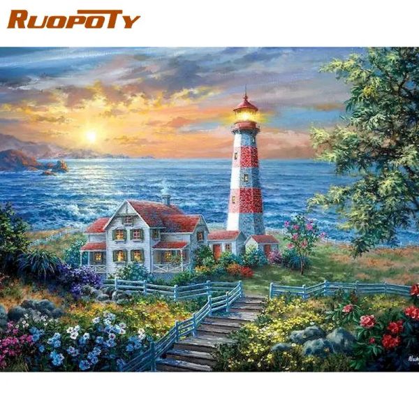 Numéro RUOPOTY 40x50cm cadre peinture par numéros Kits pour adultes enfants et phare île paysage photo peinture à la main