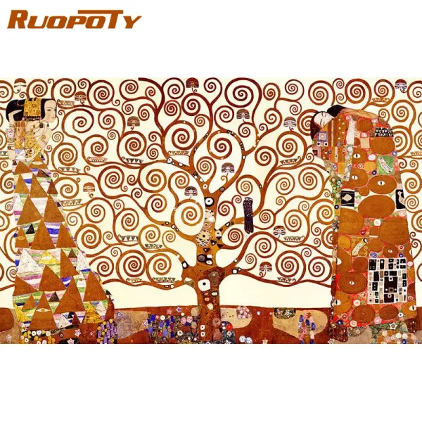 RUOPOTY 60x120 cm Cadre Peinture à la Main par numéros Klimt Arbre de Vie Mur Art Toile Peinture Grande Taille pour Salon décor à la Maison