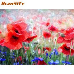 Numéro RUOPOTY cadre abstrait fleurs rouges peinture à la main par numéros coloriage par numéros acrylique toile peinture peint à la main dessin Art
