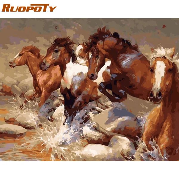 Numéro RUOPOTY cadre cheval en cours d'exécution animaux peinture à la main par numéros Kits coloriage par numéros peinture acrylique sur toile pour les arts de la décoration intérieure
