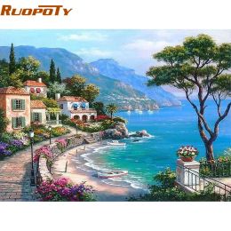 Numéro RUOPOTY cadre la mer méditerranée peinture à la main par numéros paysage marin peint à la main peinture à l'huile maison mur œuvre pour salon
