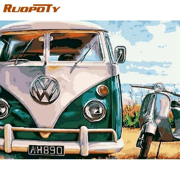 RUOPOTY – Kits de peinture de paysage de bus vert par numéros pour adultes, peinture acrylique peinte à la main, coloriage sur toile, décor de salon