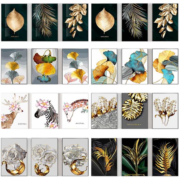 Número Tapb 3 PCS Pintura por números Nordic Golden Abstract Leaf Flower Tríptido Dibujo en imágenes de lienzo por números Decoración de arte de pared