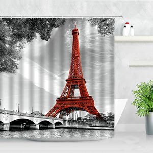 Nummer Vintage Paris Tower Shower Curtain Romantische geliefden Londen Big Ben Red Telefoon Booth Badkamer Gordijnen Olieverfschilderij Art Decor