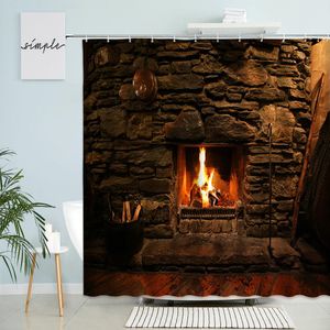 Nummer winter kerstdouche gordijn open haard vlam rustieke oude stenen bakstenen badkamer decor waterdicht polyester scherm met haakset