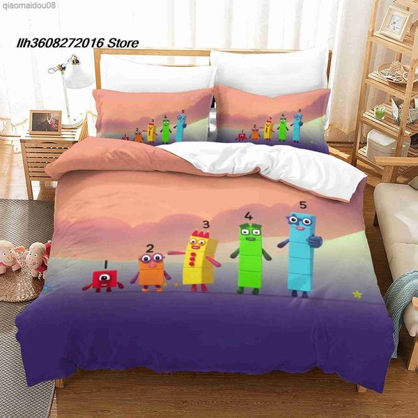 Juego de ropa de cama NumberBlocks, juego de cama individual doble tamaño Queen King, juego de edredón para dormitorio de niño Aldult, juego de sábanas de Anime 3D L230704