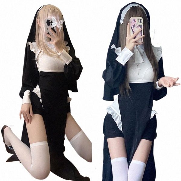 Monja Cosplay Sexy Drag Juego de rol Halen Uniforme de Navidad Cosplay Maid Dr Disfraz Hermana Traje negro Uniformes de cosplay R4Oi #