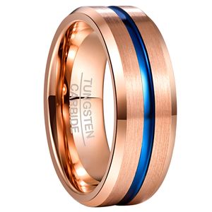 NUNCAD 8mm Breedte Tungsten Carbide Ring Full Rose Gold + Blue Groove Angle Wedding Band Tungsten Steel Ring heren Ring 220506