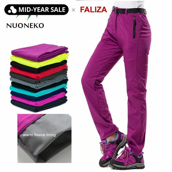 NUONEKO, pantalones cálidos de invierno para mujer, pantalones gruesos con forro polar, pantalones Softshell negros, pantalones térmicos impermeables a prueba de viento para mujer PM21