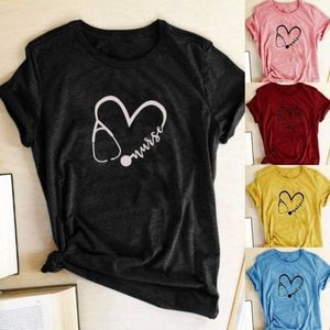 Verpleegkundige Stethoscoop Hart Print T-shirt Vrouwen Korte Mouw O Hals Losse T-shirt Zomer Vrouwen T-shirt Tops Camisetas mujer X0527