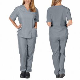 Uniforme d'infirmière Costumes médicaux Col en V Gommage d'allaitement Uniforme Sal Spa Toilettage pour animaux Instituti Vêtements de travail Hauts à manches courtes Pantalons 83dN #