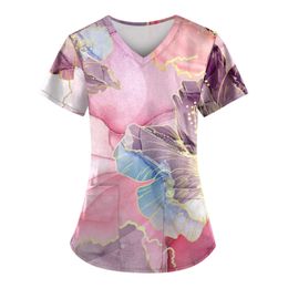 Verpleegstersuniform Vrouwen Medische verpleging Scrubs Tops Korte mouw Marmerprint Werken met zakken Tunieken Uniform Verpleging Werkkleding