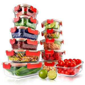24-Piece Glass Food Storage Stackable Superior Glass Meal-prep Containers, Red