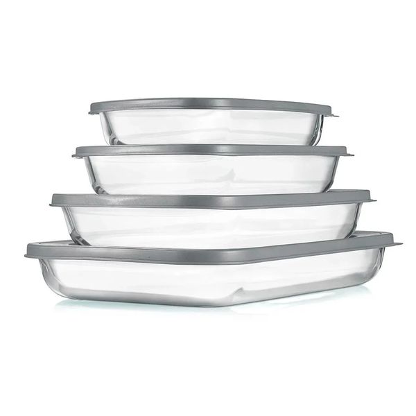 NutriChef 4 ensembles d'ustensiles de cuisson en verre plat de cuisson rectangulaire à haute teneur en borosilicate avec couvercles gris sans BPA, sans danger pour le four, le micro-ondes et le réfrigérateur 240227