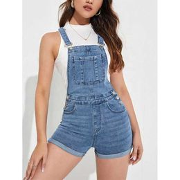 Nvfelix Womens Slant Pocket Ripped Roll Hem Mouwloze Denim Overall Jumpsuit Zonder Top Shorts Rompertjes