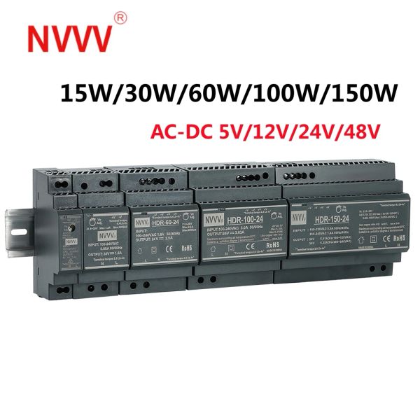 NVVV HDR Serie DIN Rail Switching Fuente de alimentación de 24 V 15W 30W 60W 100W 150W AC-DC Transformador de estabilizador de voltaje de 12V de 12V