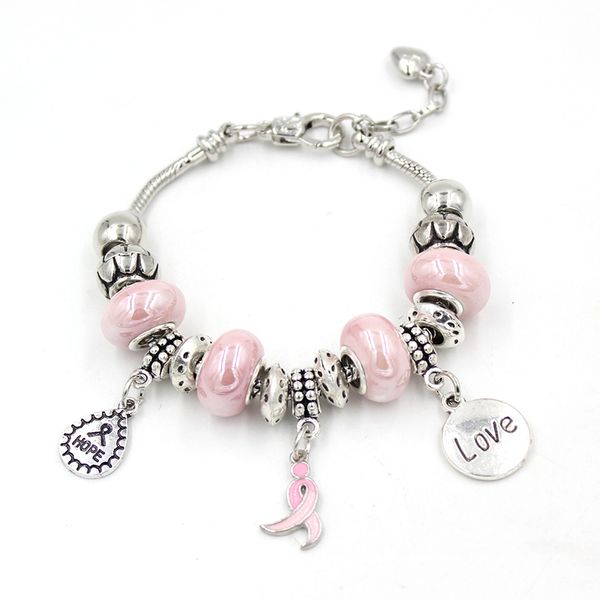 Nwe Arrivée En Gros Cancer Du Sein Bracelets Sensibilisation Bijoux Perles En Céramique Espoir Ruban Rose Amour Charmes Bracelet pour femmes cadeau