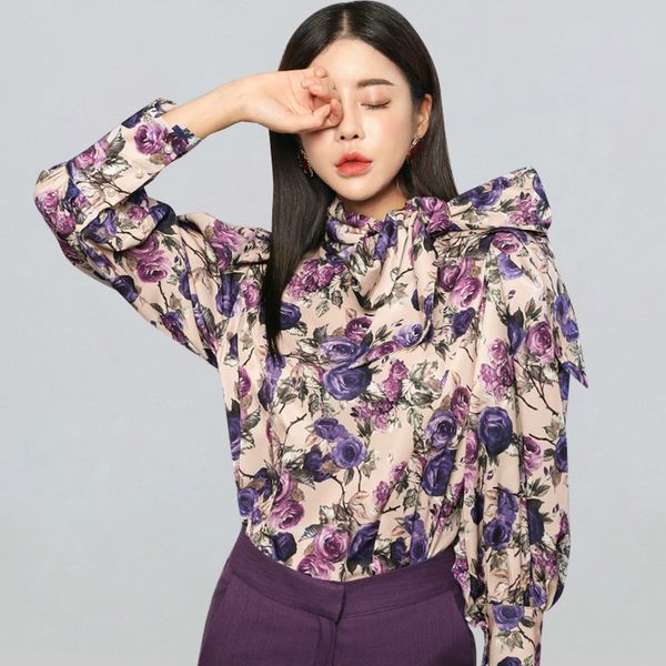 Nwinter Elegant Bow Rubans Blouses Femmes Coréen Style Fleur Chemises Floral OL Office Wear Halter Travail Tops 210522