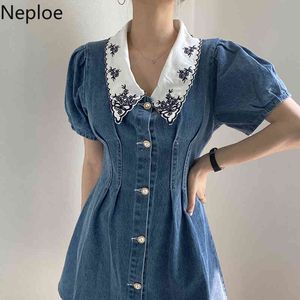 NWPOE MINI DENIM Jurk Vrouwen Koreaanse Chic Robe Vintage Borduurwerk Geplooid Jurken Single Breasted Puff Sleeve Jeans Vestidos 210422