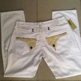 NWT Mens Robin Jeans Blanco con tachuelas de cristal dorado Pantalones de mezclilla Pantalones de diseñador Clips de ala cremallera Jean tamaño 30-42302c