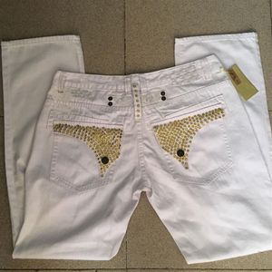 NWT Mens Robin Jeans Blanco con tachuelas de cristal dorado Pantalones de mezclilla Pantalones de diseñador Clips de ala cremallera Jean tamaño 30-42263T