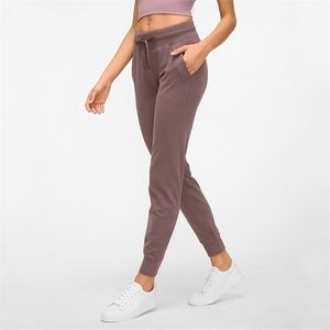 NWT-taille trekkoord broek fitness vrouwen joggingbroek met twee zijzakken 4-weg stretch leggings dame stretchy 211115
