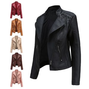 NXH Turn-down Collar PU faux leather jackets women luxury jacket black pink red biker coat 201226