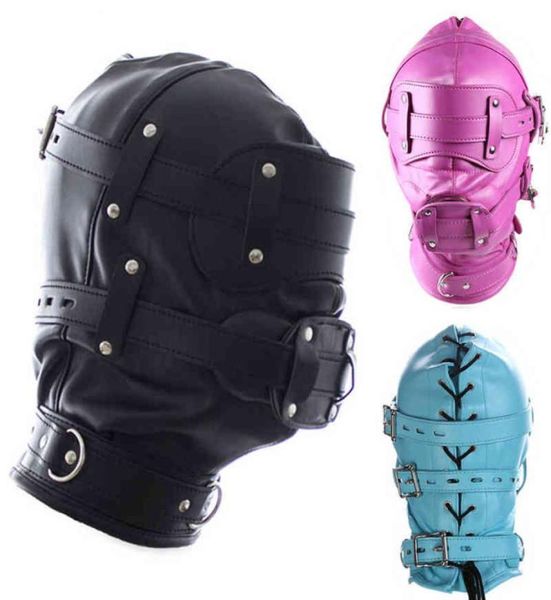 Nxy Juguetes para adultos 3 colores Fetiche de cuero Total Lockdown Bondage Hood con silicona Boca Mordaza Consolador Máscara de ojos que se puede abrir Juegos de esclavos Sex5703245