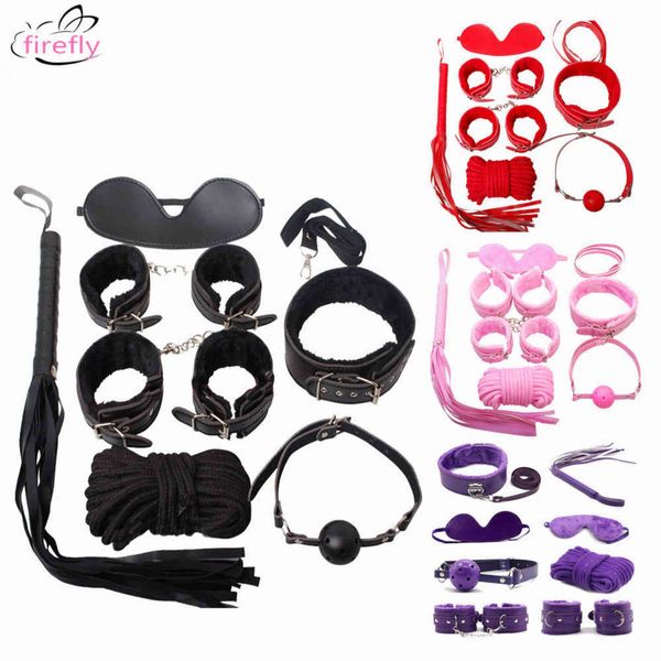 NXY Jouets pour adultes 7pcs BDSM Bondage Set Fétiche Esclave Adultes Jeux Menottes Cheville Eye Patch Colliers Bouche Gag Corde Fouet Sex Toys Pour Couple 1201